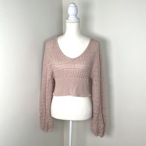 Altar'd State Cropped Knit Sweater Top Long Balloon‎ Sleeves Pink Mauve Medium